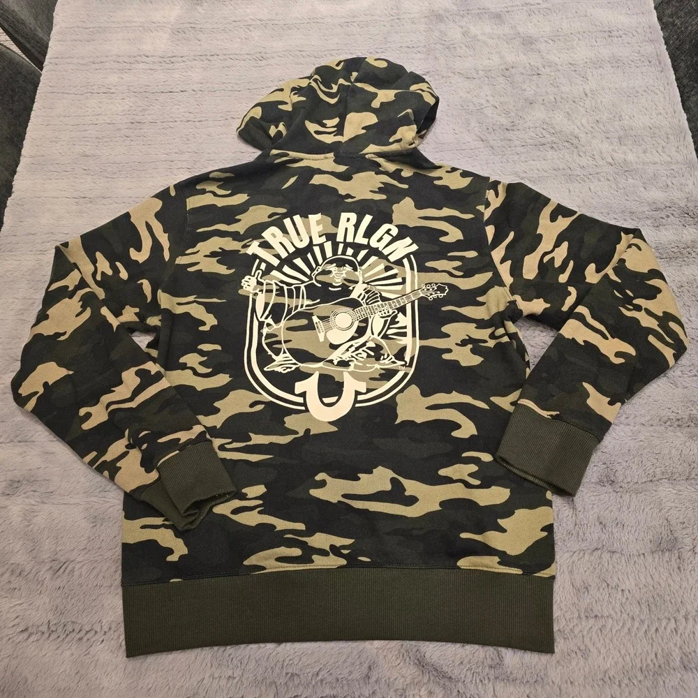 True Religion Mens Camo Buddha Logo Zip Up Hoodie Green Brown Large